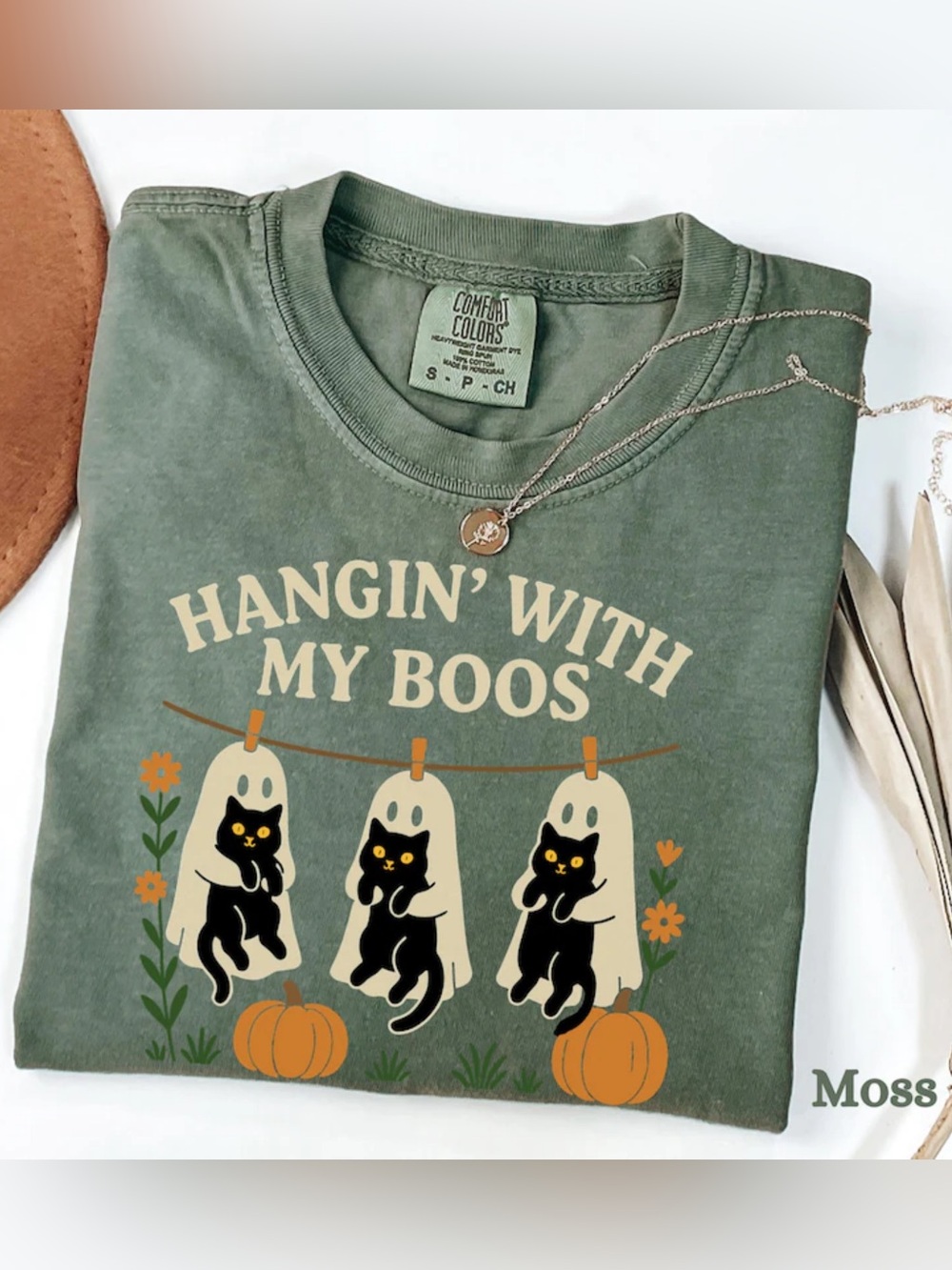 Comfort Colors Moss Green "Hangin' With My Boos" Cat Halloween Tee